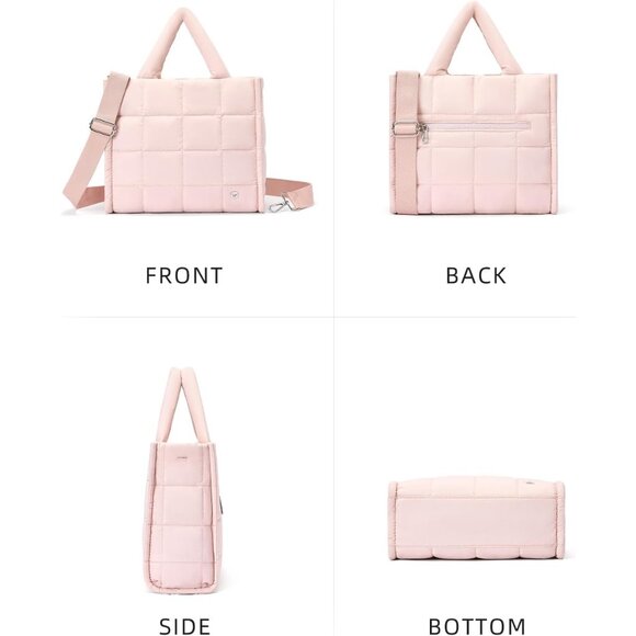 Pink Womens Quilted Nylon Tote Shoulder Bag Puffy Weekender Overnight Bag Lightw - Picture 6 of 6